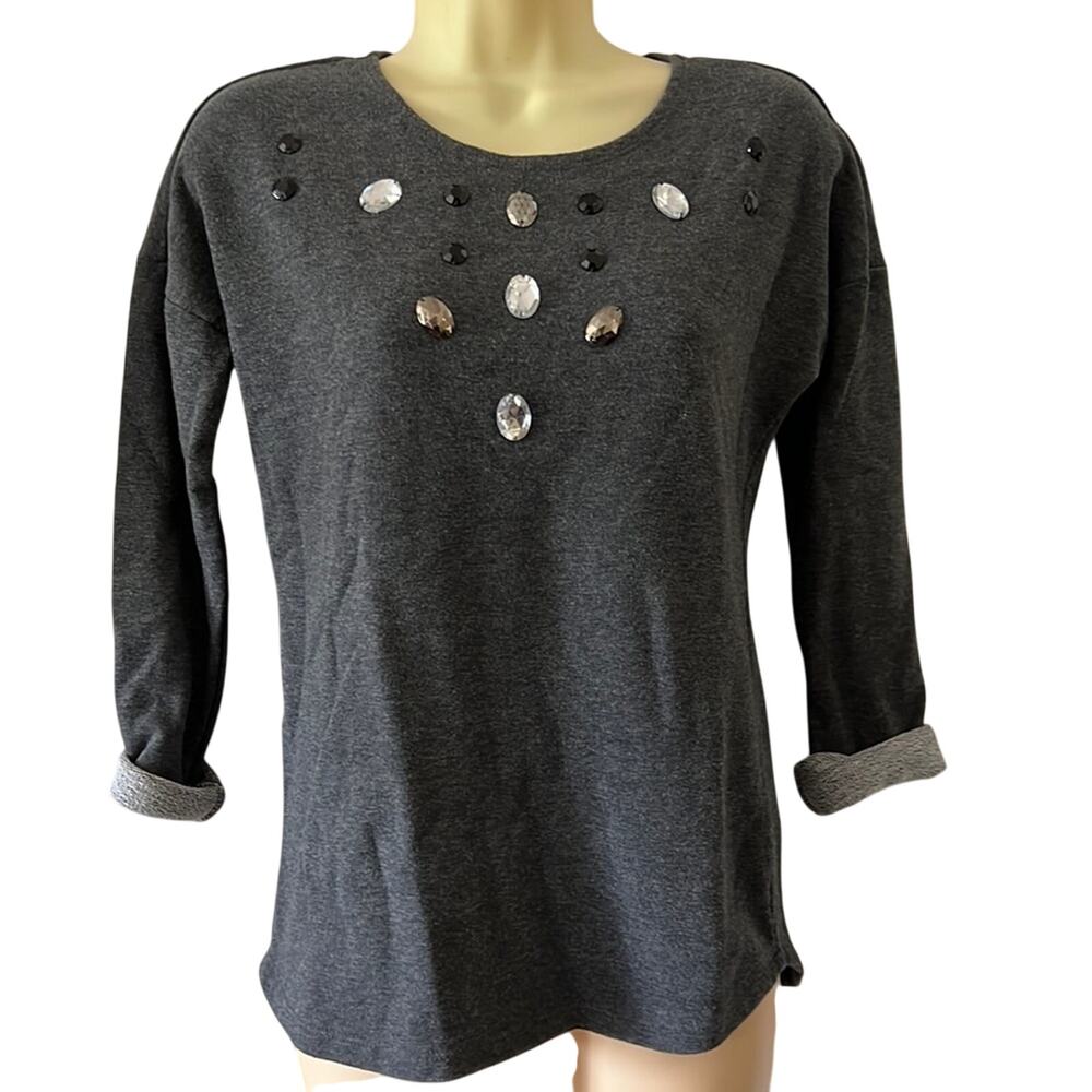 H & M Divided Size 2 Gray Jewel Embellished Knit Top Pullover Y2K